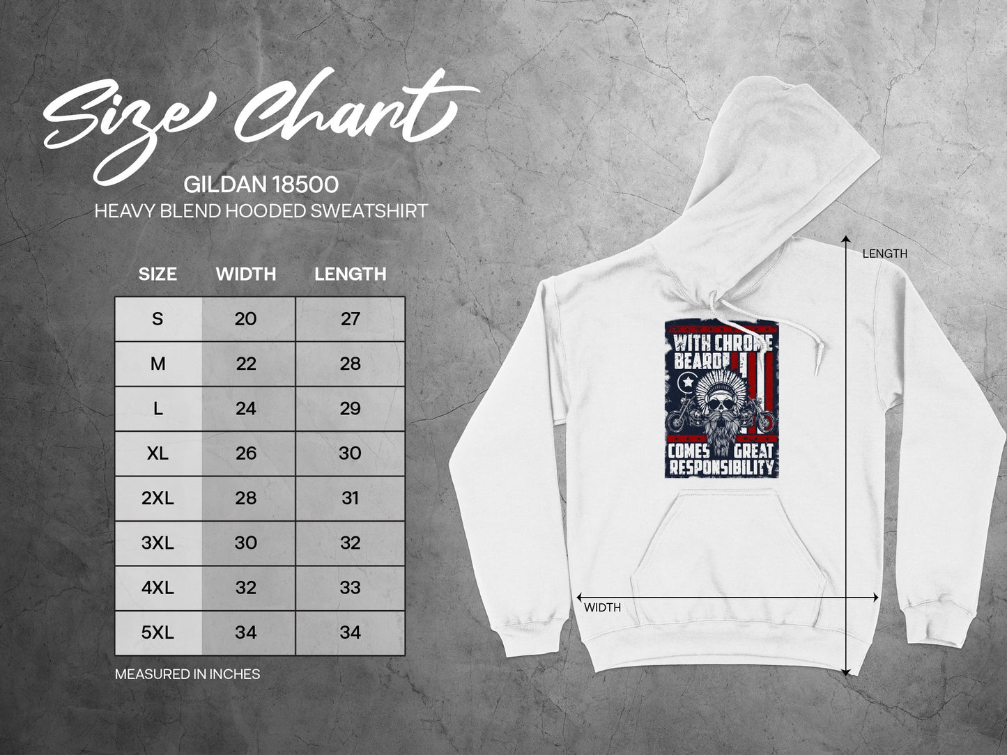 Gildan 18500 size chart for hooded sweatshirt with chest graphic.
