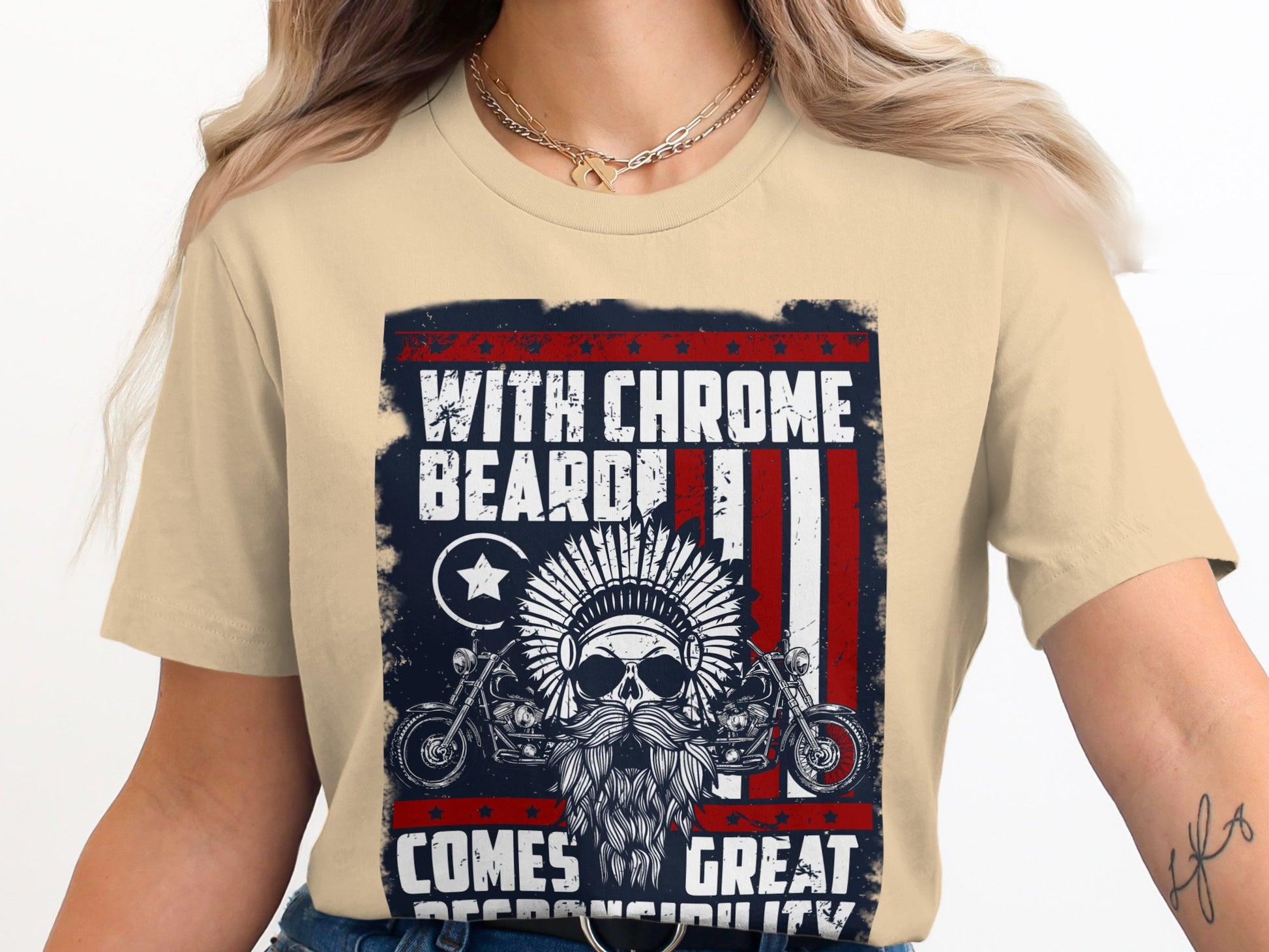 Cream t-shirt with "With Chrome Beard Comes Great" text and skull graphic.