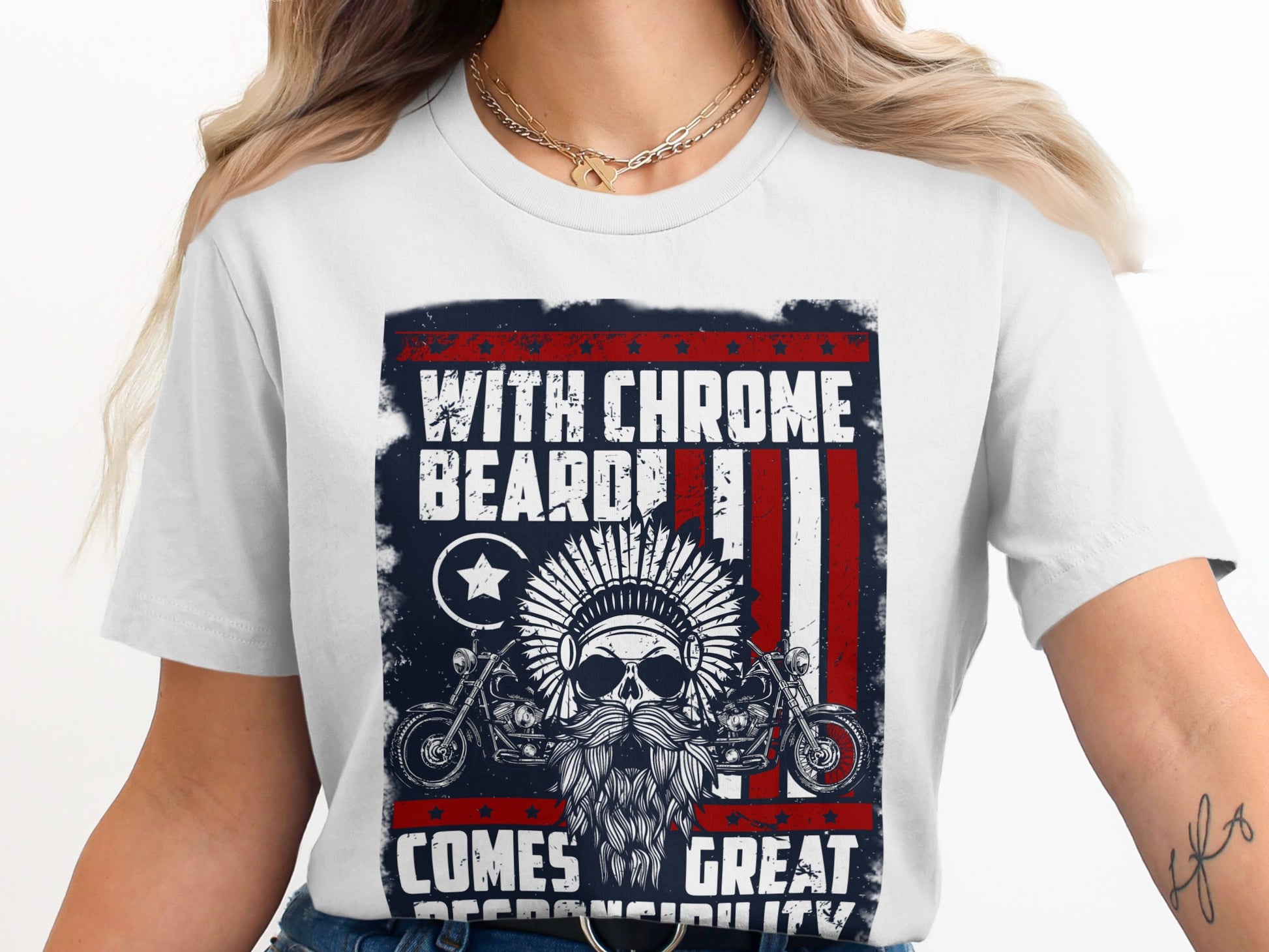 White t-shirt with "WITH CHROME BEARD COMES GREAT" text and motorcycle imagery.