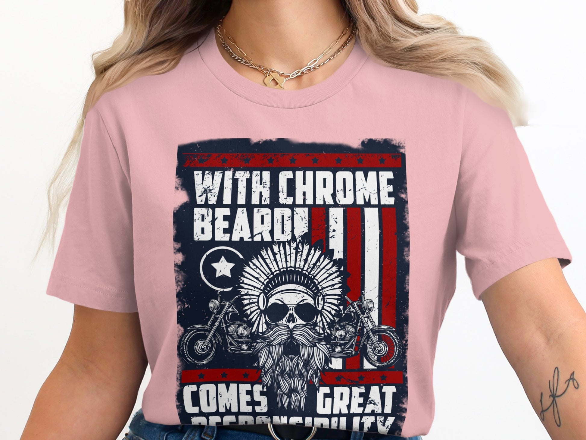 T-shirt with skull, beard, American flag, and motorcycles, text "with chrome beard comes great".
