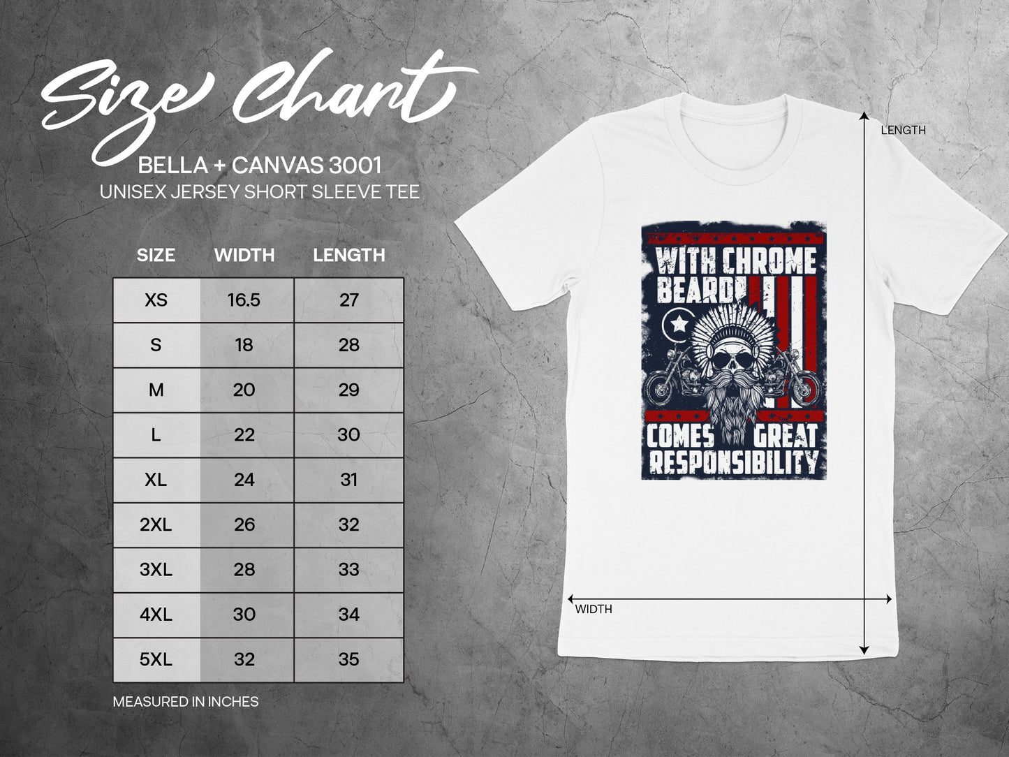 Bella + Canvas size chart for unisex short sleeve tee with graphic.