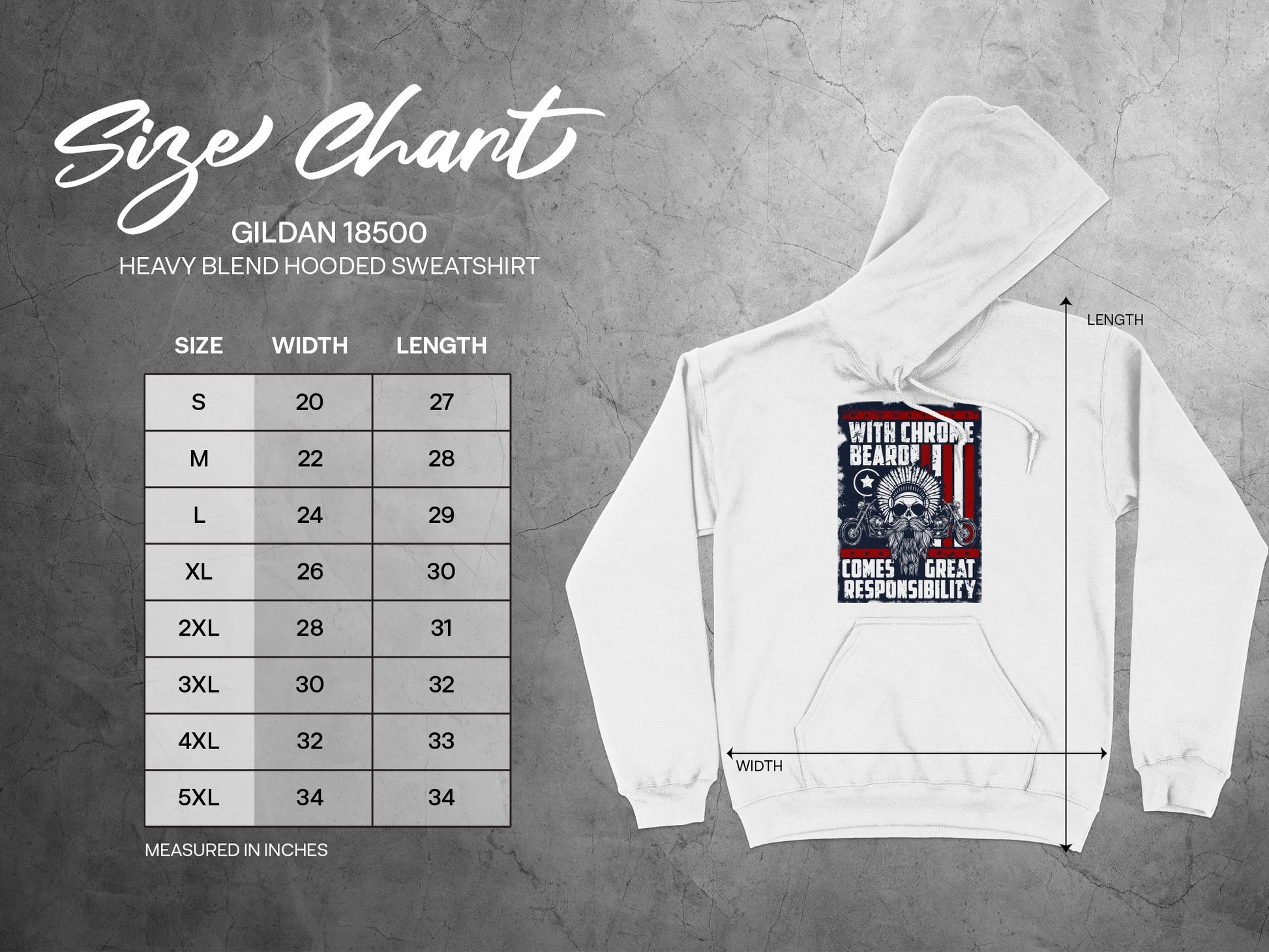 Gildan 18500 size chart for hooded sweatshirt with chest graphic.