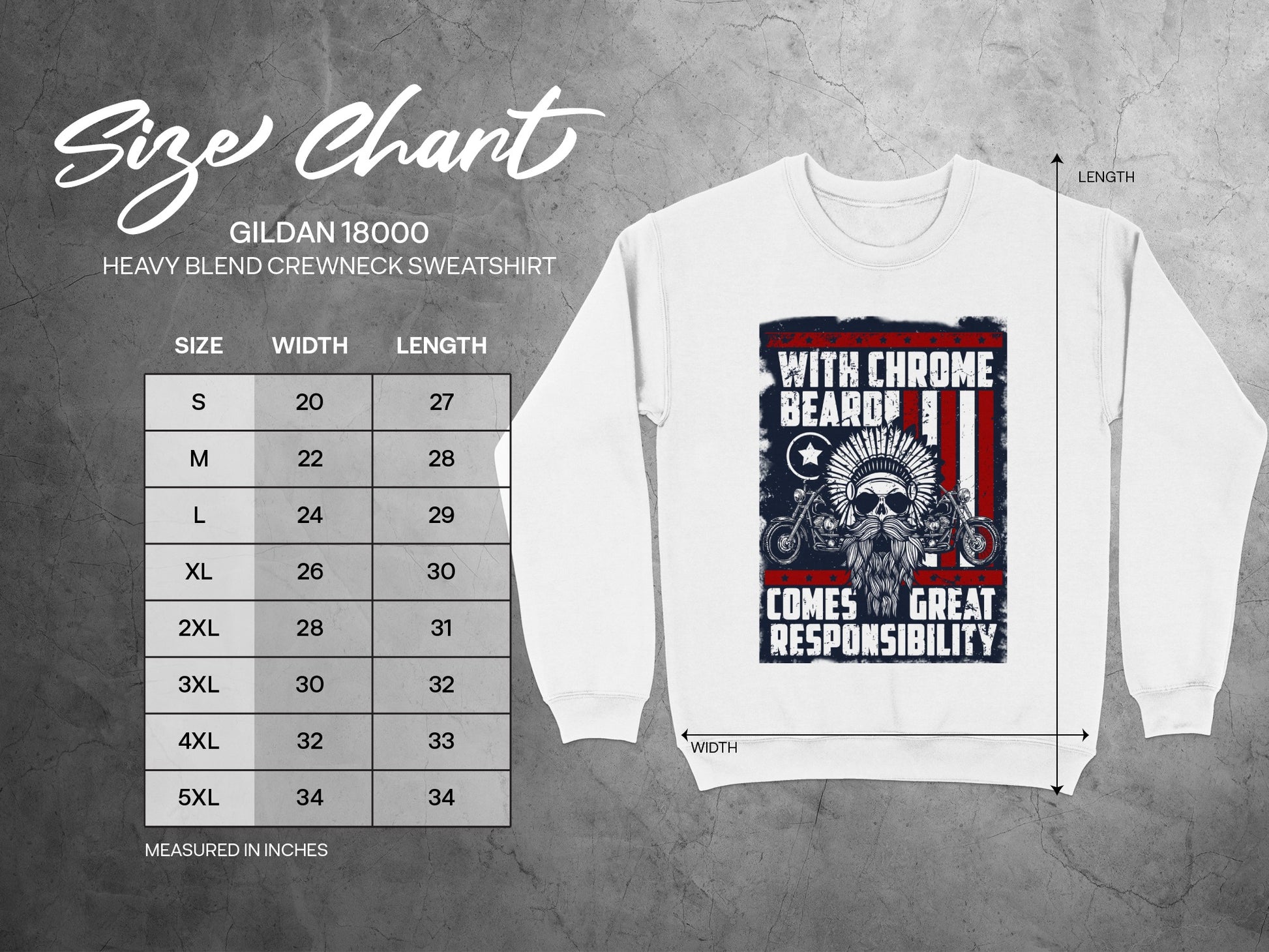 Gildan 18000 sweatshirt size chart with graphic of bearded man.